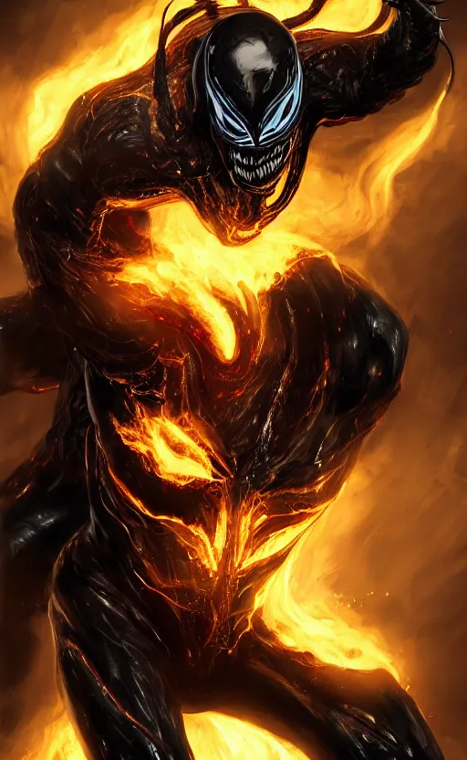 Prompt: venom as ghost rider, dynamic lighting, photorealistic fantasy concept art, trending on art station, stunning visuals, terrifying, creative, cinematic