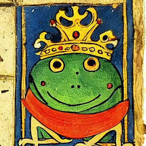 Image similar to beautiful medieval book manuscript painting of a frog wearing a crown