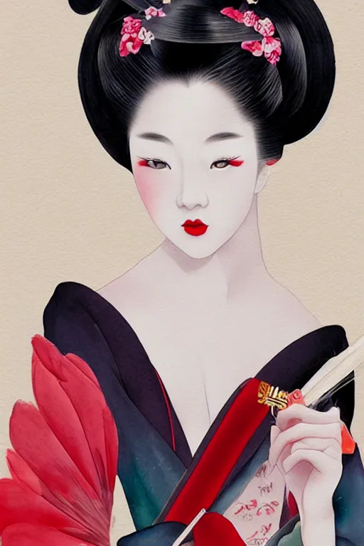 Image similar to sensual and very seductive geisha, digital art, 8k, character, realistic, portrait, photorealism, japan watercolour, masterpiece art