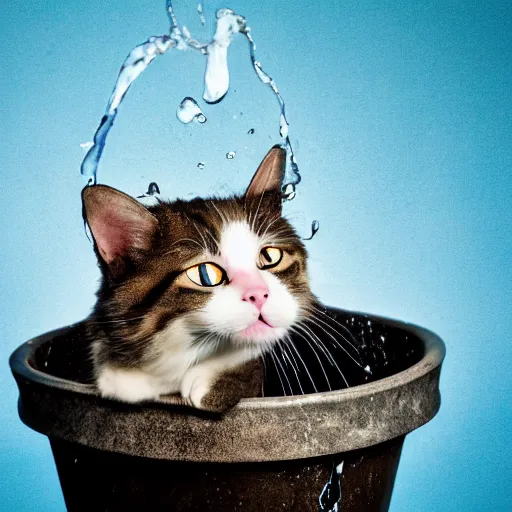 Prompt: a cat being thrown into a bucket of water, photography, chaotic,