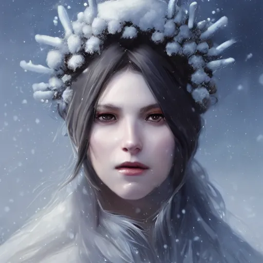 Image similar to a beautiful portrait of an winter goddess with ice hair by Greg Rutkowski and Raymond Swanland, snowflakes falling, Trending on Artstation, ultra realistic digital art