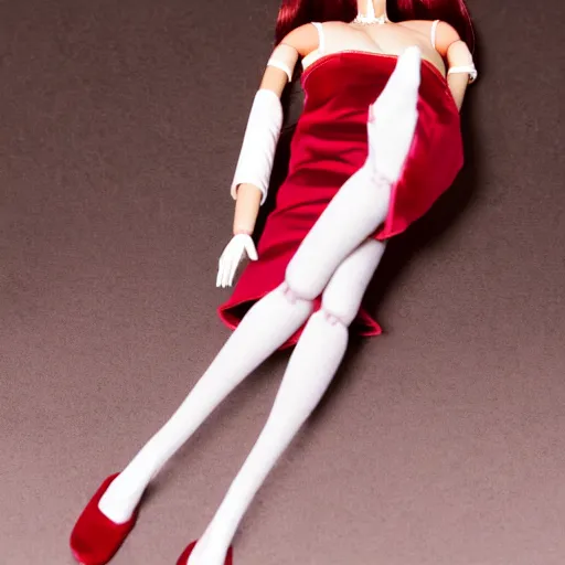 Image similar to anime barbie doll, in red velvet stockings, a nurse's dress, full length, heels on her feet