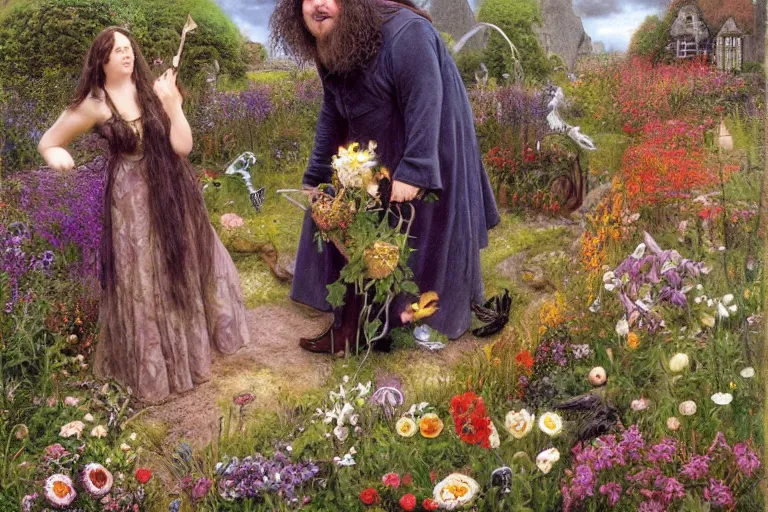 Image similar to hagrid the viking and morticia addams frolicking in a field of various flowers, fairy garden, masterpiece, highly detailed, oil on canvas, art by james gurney, graeme base, brian froud, alan lee