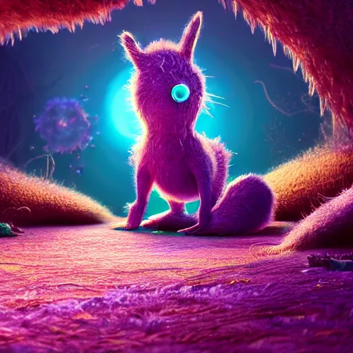 Image similar to tiny fur single - cell monster, floating, rbc, radiolaria, protophyta, micro - organisms, center, symmetric, rim light, marine microbiology, bioluminescence, electric, fur, soft, concept art, intricate details, highly detailed, colorful, photorealistic, disney pixar, octane render, iridescent, anime, 8 k