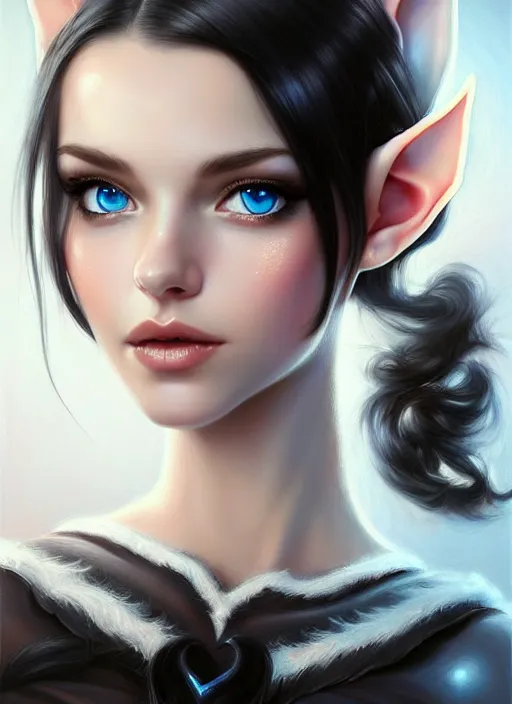 Prompt: a beautiful portrait, white background, gorgeous fantasy elf. sexy black top, professionally retouched, soft lighting, realistic, smooth face, beautiful blue eyes, long black hair, cute ears, wide angle, sharp focus on the eyes, 8 k high definition, insanely detailed, intricate, elegant, gorgeous, art by artgerm and wlop