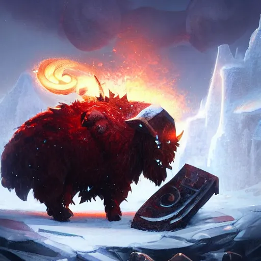 Prompt: ornn with beard the molten god ram of forge with his anvil in the ice world by greg rutkowski