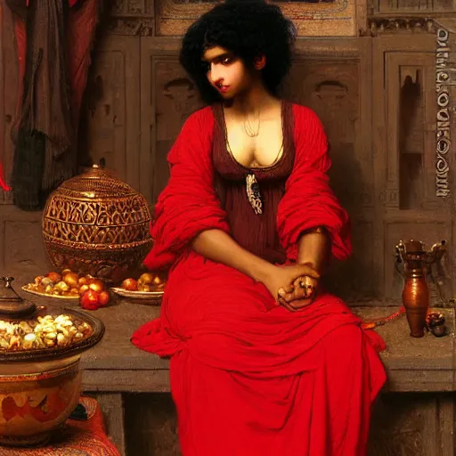 Prompt: orientalist portrait of a dark-skinned woman with curly hair wearing a red dress selling tapestries in a busy marketplace intricate artwork by Fabio Fabbi and john william waterhouse and Edwin Longsden Long and Nasreddine Dinet and Theodore Ralli trending on artstation, very coherent symmetrical artwork high detail 8k