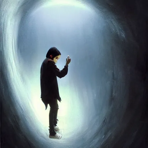 Image similar to a latino 1 5 year old boy with long black hair opens a dark portal to the void. dramatic. cinematic. detailed. sharp. photo realistic. realism. repin. phil hale. ruan jia