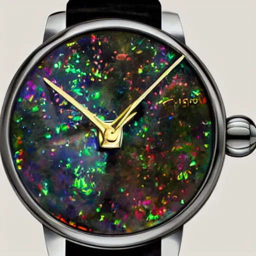 Image similar to celestial watch from the far future with infinite dials, mother of pearl opal, year 2 5 0 0, style of norman rockwell