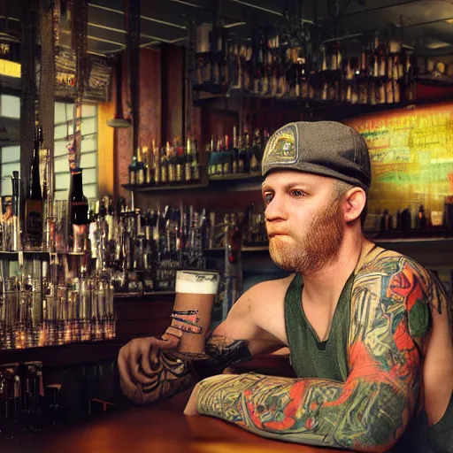 Prompt: a punk rock guy with blond hair and a cap with tattoos and skinny serving beer at a bar, by dave mckean, oil painting, highly detailed, octane render, volumetric lighting, vibrant,