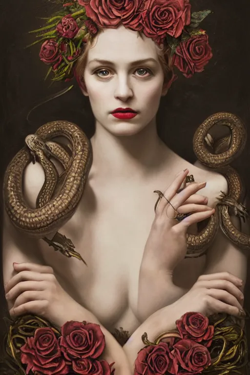 Prompt: a single portrait of the queen with a headpiece of entwined snakes and roses by Jovana Rikalo, by roberto ferri, by austin osman spare, by tom bagshaw, a delicate oilpainting, highly ornamental