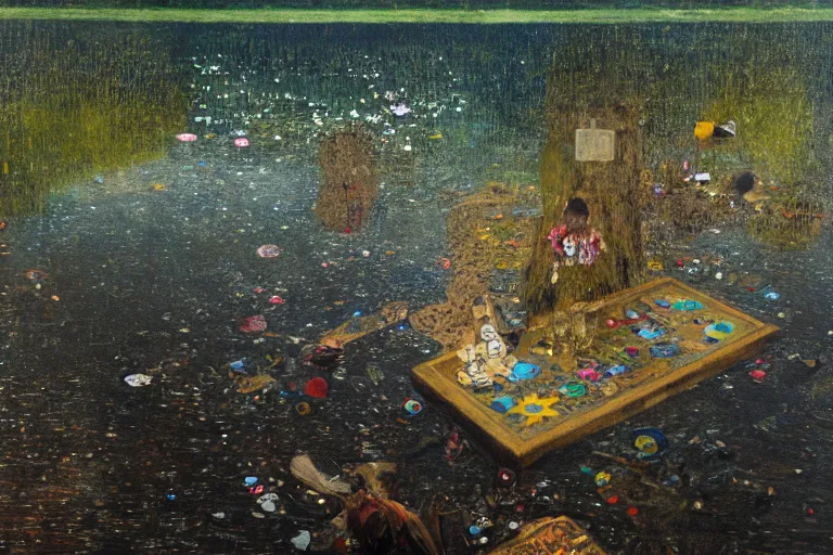 Prompt: hand holding a smartphone emerging from the waters of a lake, enchanted grave, electronics scraps on the ground by yoshitomo nara and klimt, oil painting, artstation 4 k