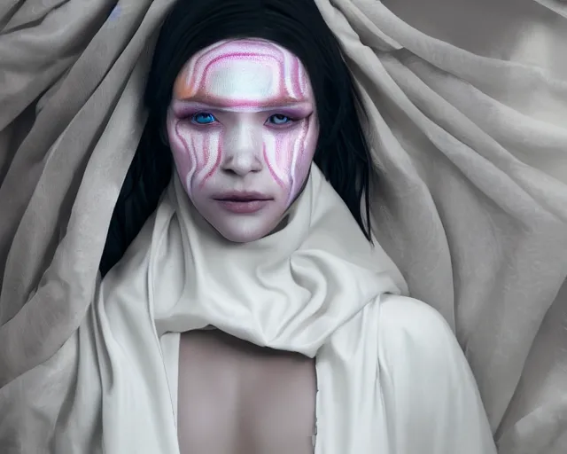 Prompt: a film still of a synthetic female human wrapped in white cloth, beautiful, tribal facepaint, in neotokyo, cinematic lighting, high resolution, 4 k