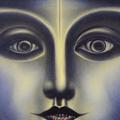 Image similar to Close-up of Goldfrapp, pencil drawing. El Greco, Remedios Varo, Salvador Dali, Carl Gustav Carus, John Atkinson Grimshaw. Blue tint. Symetrical, logo, geometric shapes.