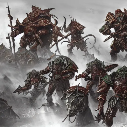 Image similar to Soldiers from the Holy Roman Empire fight Lizardmen in Warhammer Fantasy, by Cedric Peyravernay, highly detailed, excellent composition, cinematic concept art, dramatic lighting, trending on ArtStation