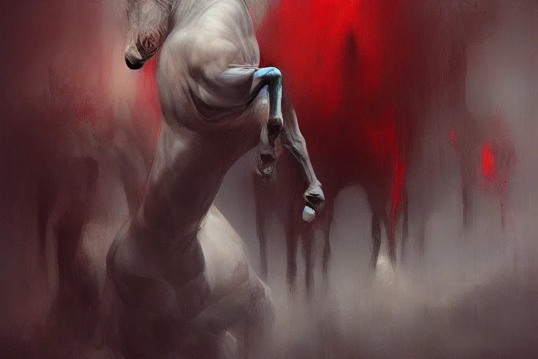 Image similar to a white cyberpunk horses with human heads, in the style of beksinski, intricate and epic composition, red by caravaggio, insanely quality, highly detailed, masterpiece, red light, artstation, 4 k