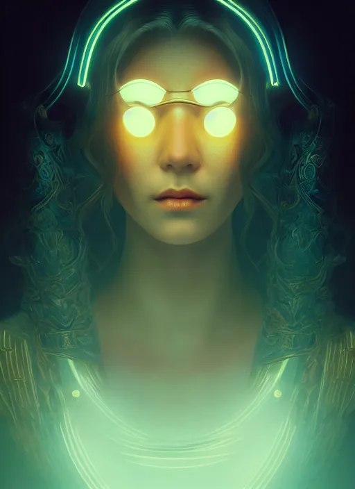 Prompt: centered portrait of a beautiful woman wearing a venetian mask, intricate concept art, ethereal, highly detailed, artstation, smooth, cyberpunk darksynth, cinematic, mist, dramatic lighting, illuminated glowing lines, outrun, neon, vaporware, by ruan jia and ilya kuvshinov and liam wong and alphonse mucha