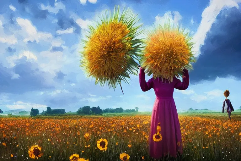 Prompt: giant thistle flower under head, a girl in suit in field of flowers, surreal photography, sunrise, blue sky, dramatic light, impressionist painting, digital painting, artstation, simon stalenhag