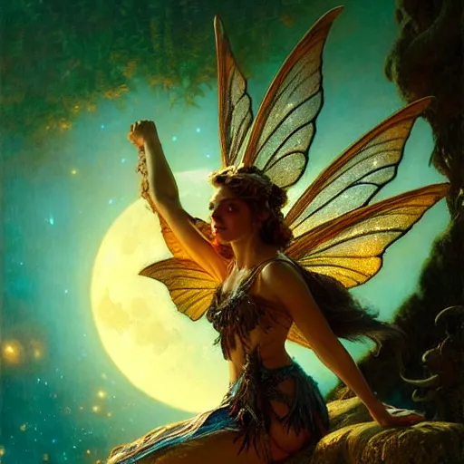 Image similar to attractive fairy queen fly high in the night, fantasy, full moon in background. hyper detailed painting by gaston bussiere, craig mullins, j. c. leyendecker, mid shot, 8 k, cryengone, cinematic lighting, beautiful,