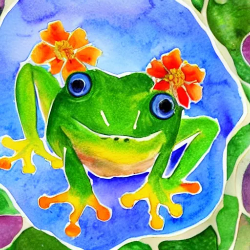 Prompt: a beautiful watercolor painting of a frog made of flowers sitting on a lilypad made of rainbows