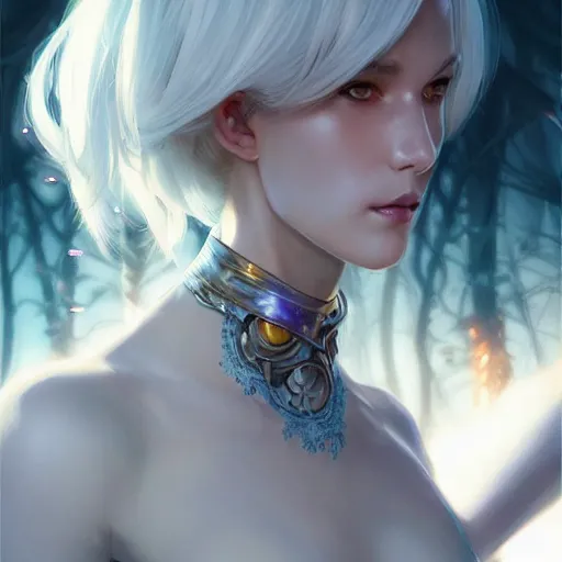 Image similar to ultra realistic illustration, aoc anime, intricate, elegant, white hair, blue eyes, cyborg, highly detailed, digital painting, artstation, concept art, smooth, sharp focus, illustration, art by artgerm and greg rutkowski and alphonse mucha