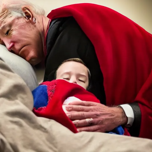 Image similar to joe biden wearing a red cloak and praying next to a sleeping young boy