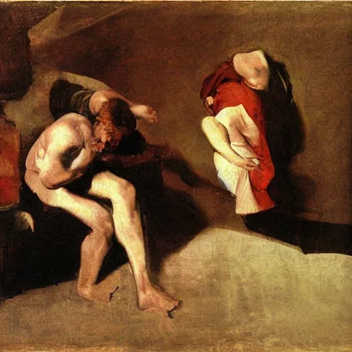 Prompt: two blurry figures in a messy room. scrumbling. Scratches. By Caravaggio. white red yellow brown. stylized