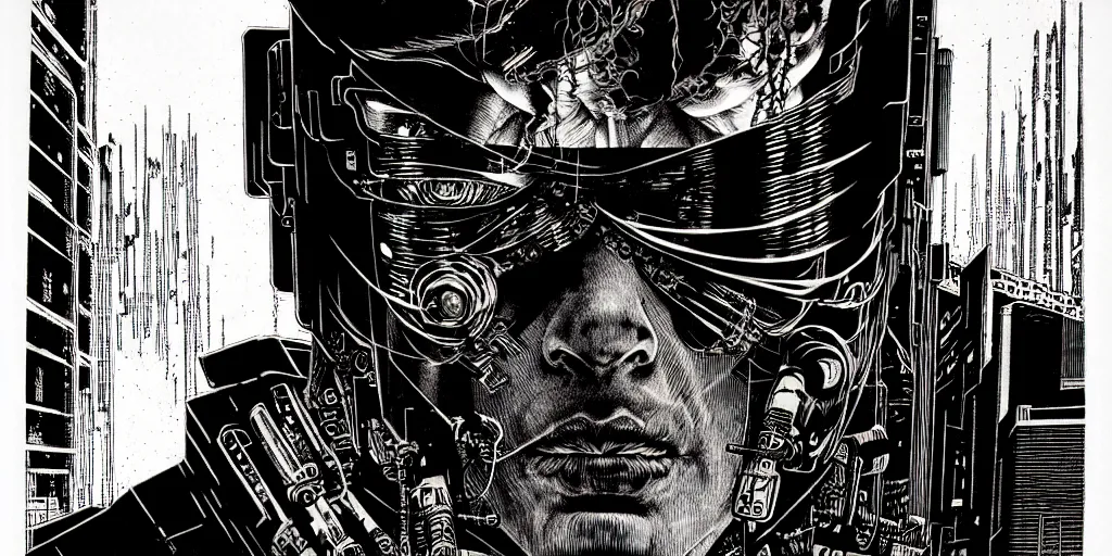 Image similar to cyberpunk portrait, bold line art, by bernie wrightson, etching, screen print, sharp, hyper - detailed