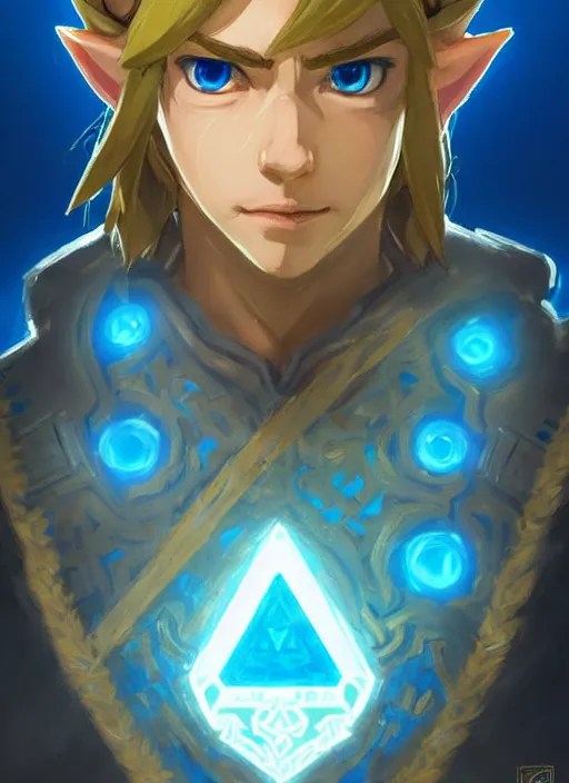 Image similar to link breath of the wild great portrait, cinematic lighting, glowing blue runes, highly detailed, d & d, fantasy, highly detailed, digital painting, trending on artstation, concept art, sharp focus, illustration, art by artgerm and greg rutkowski and fuji choko and viktoria gavrilenko and hoang lap