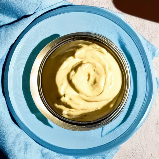 Image similar to Opened can of mayonnaise, served on a plate, gourmet food