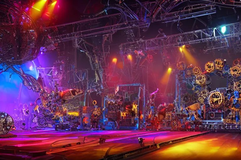 Prompt: a concert stage with audience, on stage is a rockband with 3 steampunk robots with guitars and drums, center of the stage is a big futuristic steampunk generator with gears and belts and tubes, laser show, 8 k, fluorescent colors, halluzinogenic, multicolored, exaggerated detailed, unreal engine