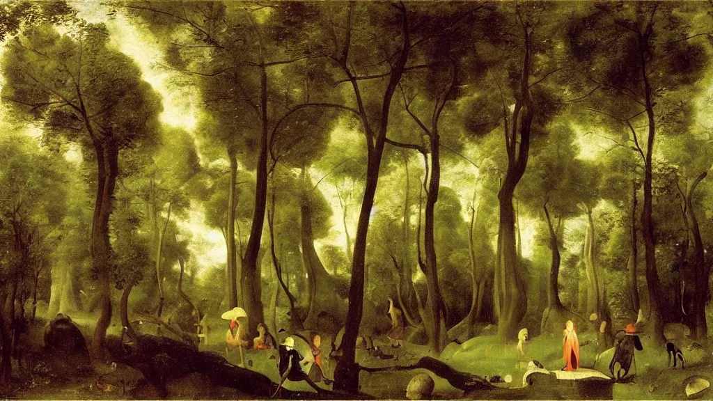 Image similar to landscape of a fey forest, by camille corot, by hieronymus bosch, fine art, volumetric lighting, giant mushroom trees, woodland spirits