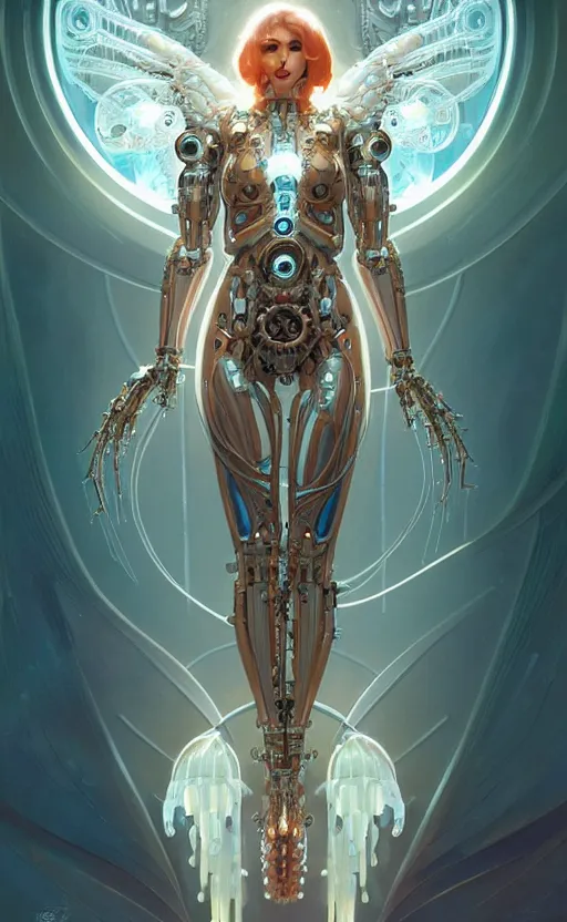 Image similar to Cyborg biomechanical jellyfish angel girl, sci-fi, highly detailed, digital painting, artstation, concept art, smooth, sharp focus, illustration, art by artgerm and greg rutkowski and alphonse mucha