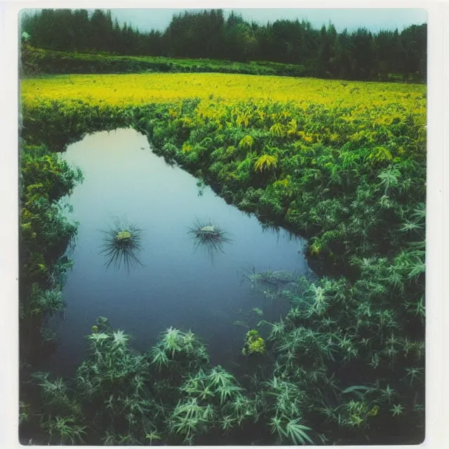 Prompt: very beautiful polaroid photo of a cannabis meadow near a pond on a clear day with a rainbow