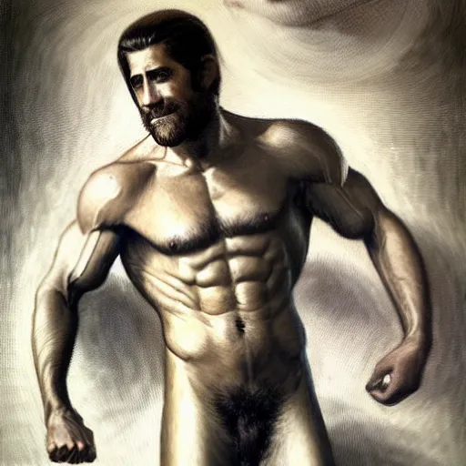 Image similar to Jake Gyllenhaal with a shredded body type, painting by Gaston Bussiere, Craig Mullins