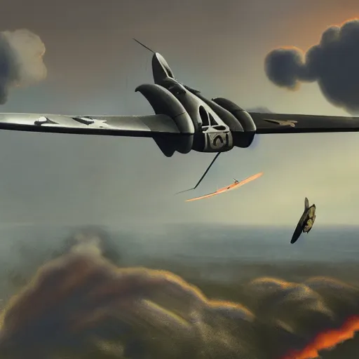 Image similar to a detailed matte painting of a pterodactyl flying with nazi messerschmitt in a bombing raid, 8 k, artstation, art in a turn of the century pulp novel style