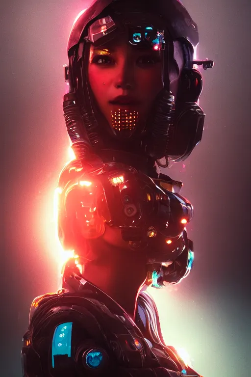 Image similar to beautiful portrait of a cyborg mercenary girl, art by wlop, liam wong, cyberpunk, neon, combat armor, head and shoulders, intricate details, trending on artstation, sharp focus, caustics, octane render, radiant light, 4 k