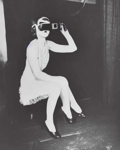 Image similar to 1 9 2 0 s photo of a flapper girl wearing a vr headset on a stage in a speakeasy