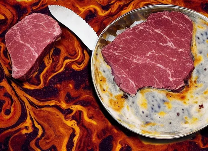 Prompt: NASA's Culinarity rover probes the surface of the meat planet with knives and forks, richly marbled and delicious planetary surface with rivers of gravy