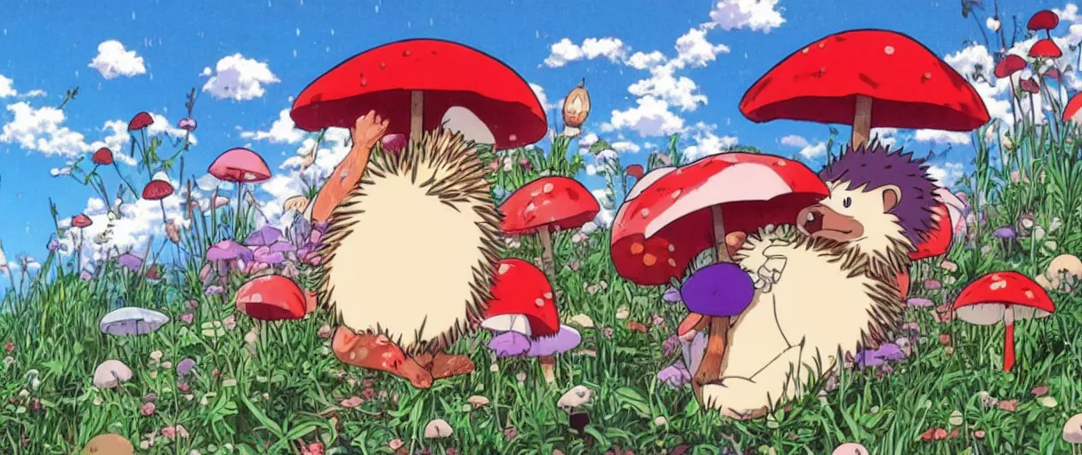 Image similar to anime by hayao miyazaki, hedgehog with purple needles hides under fly agaric from the rain