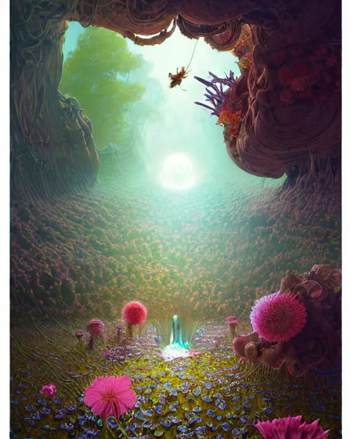 Prompt: the platonic ideal of flowers, sprouting, insects and praying of cletus kasady carnage davinci mandelbulb ponyo alice in wonderland dinotopia watership down, d & d, fantasy, ego death, mdma, dmt, psilocybin, concept art by greg rutkowski and simon stalenhag and alphonse mucha