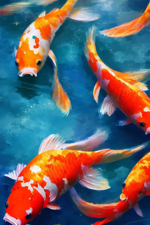 Image similar to a koi carp, colorful, blue backgroung,clean, joyful, close-up portrait, intricate, elegant, volumetric lighting, scenery, digital painting, highly detailed, artstation, sharp focus, illustration, concept art, ruan jia, steve mccurry