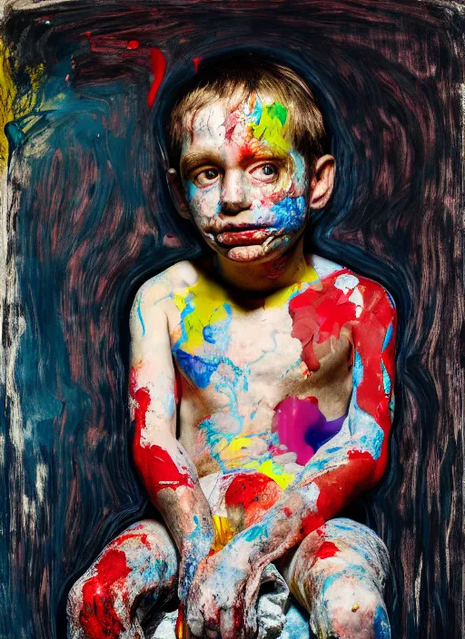 Prompt: portrait of a child harlequin sitting on a stool, by vincent lefevre and hernan bas and pat steir and hilma af klint, psychological, photorealistic, symmetrical face, dripping paint, washy brush, threads, rendered in octane, altermodern, masterpiece