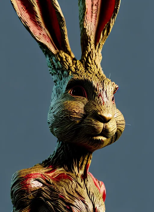 Prompt: rabbit groot as marble statue, big sunglasses, in red gardens, soft red texture, very realistic 3 d render, soft red lights, 4 k, high detailed photography red, 5 0 mm lens, rich red colors, smooth gradients, depth of field, cinematic, hyper realism, high detail, octane render, unreal engine, 8 k, vibrant red colors