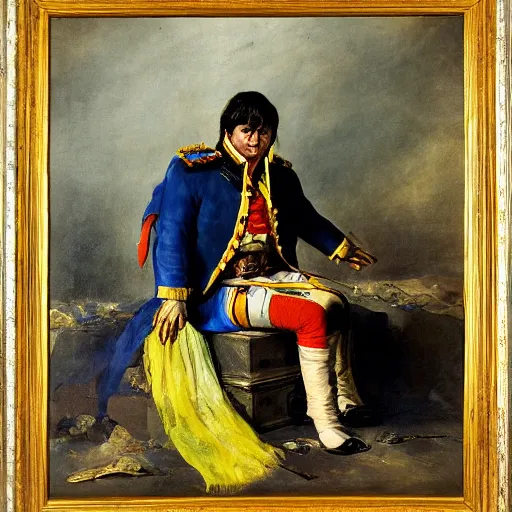 Prompt: Volodymyr Zelensky at war, dressed like Napoleon Bonaparte, his clothes are torn and dirty, he is sitting between dead corpses and weeping, holding a half burnt blue and yellow flag of Ukraine, by Francisco Goya