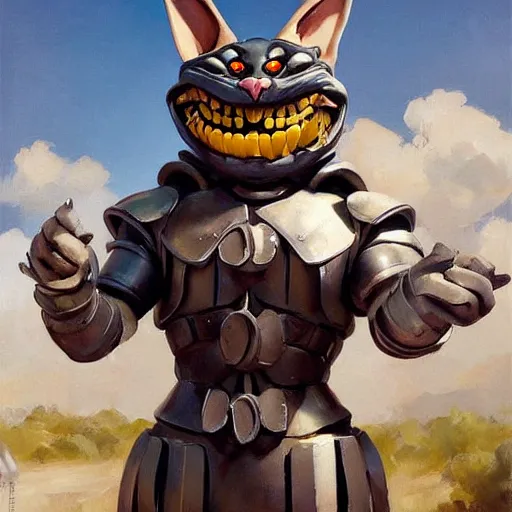 Prompt: greg manchess portrait painting of fully armored cheshire cat from alice in wonderland as overwatch character, medium shot, asymmetrical, profile picture, organic painting, sunny day, matte painting, bold shapes, hard edges, street art, trending on artstation, by huang guangjian, gil elvgren, ruan jia, randy vargas, greg rutkowski