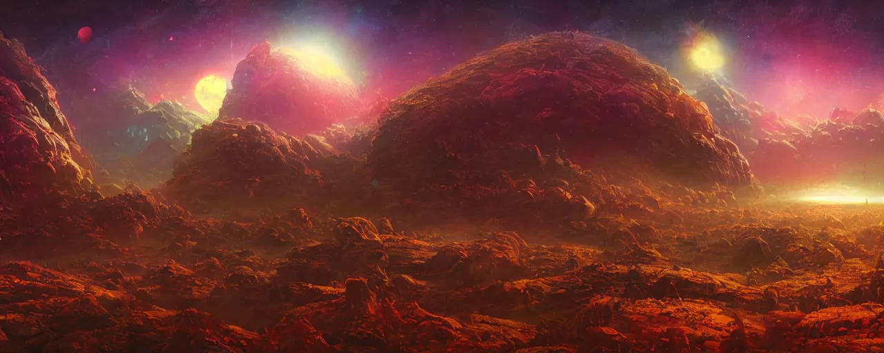 Image similar to ” outer planet landscape, [ cinematic, detailed, epic, widescreen, opening, establishing, mattepainting, photorealistic, realistic textures, octane render, art by paul lehr ] ”