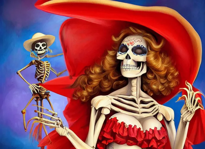 Prompt: cute & beautiful smiling mexican undead skeleton girl wearing a sombrero and a wide red dress, elegant, digital art, fantasy, painting, pin up, highly detailed, artstation, art by artgerm and boris vallejo