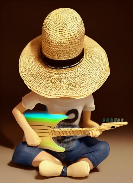 Prompt: Fine Image on the store website, eBay, Full body, 80mm resin figure of a Straw hat cute girl playing guitar, environmental light from the front