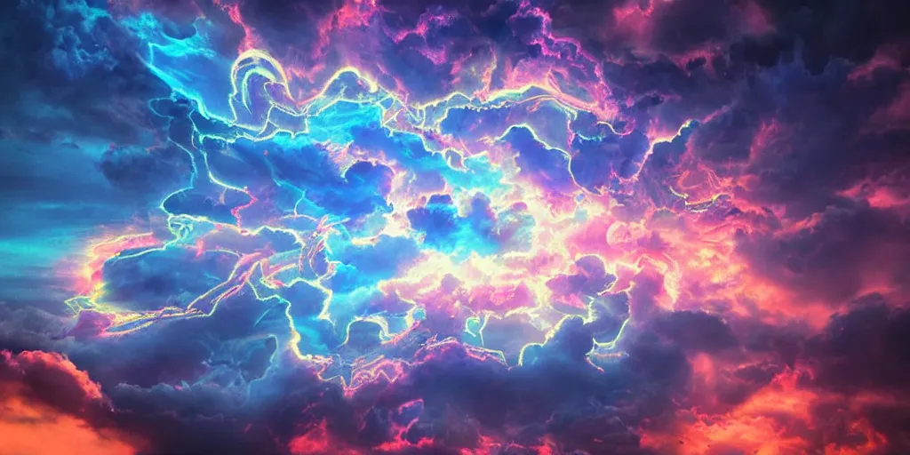 Prompt: [ palate ] [ nebulous energy ] [ muted neon colors ] intricate giant gothic style portal to purgatory with paisley cloud formation, god at the gate, award winning composition, vibrant neon nebulous clouds, symmetrical details, hyper realistic illustration, radiant light rays, photorealistic illustration, intricate and fine details, volumetric lighting,